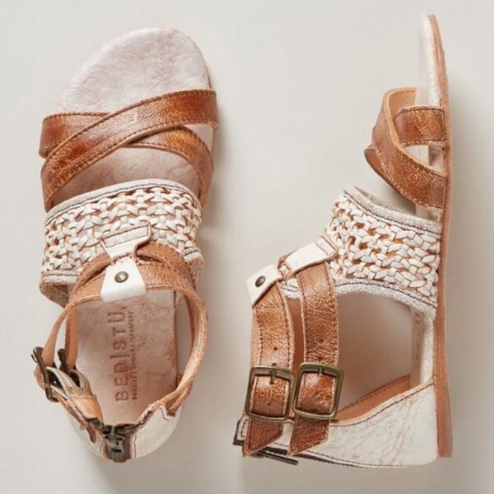BED|STU Women’s Capriana Brown‎ Tan Gold Sandals Strappy Flat Distressed Boho 10